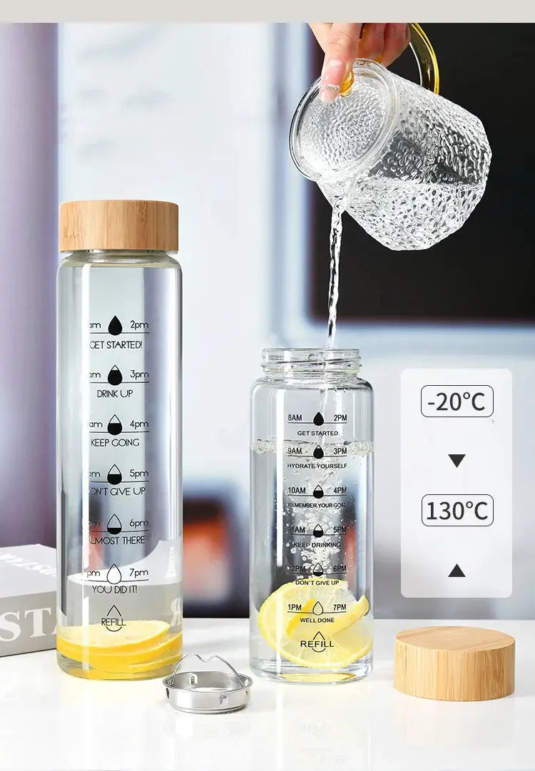 Bouteille d'eau en verre de 1L avec indicateur de temps