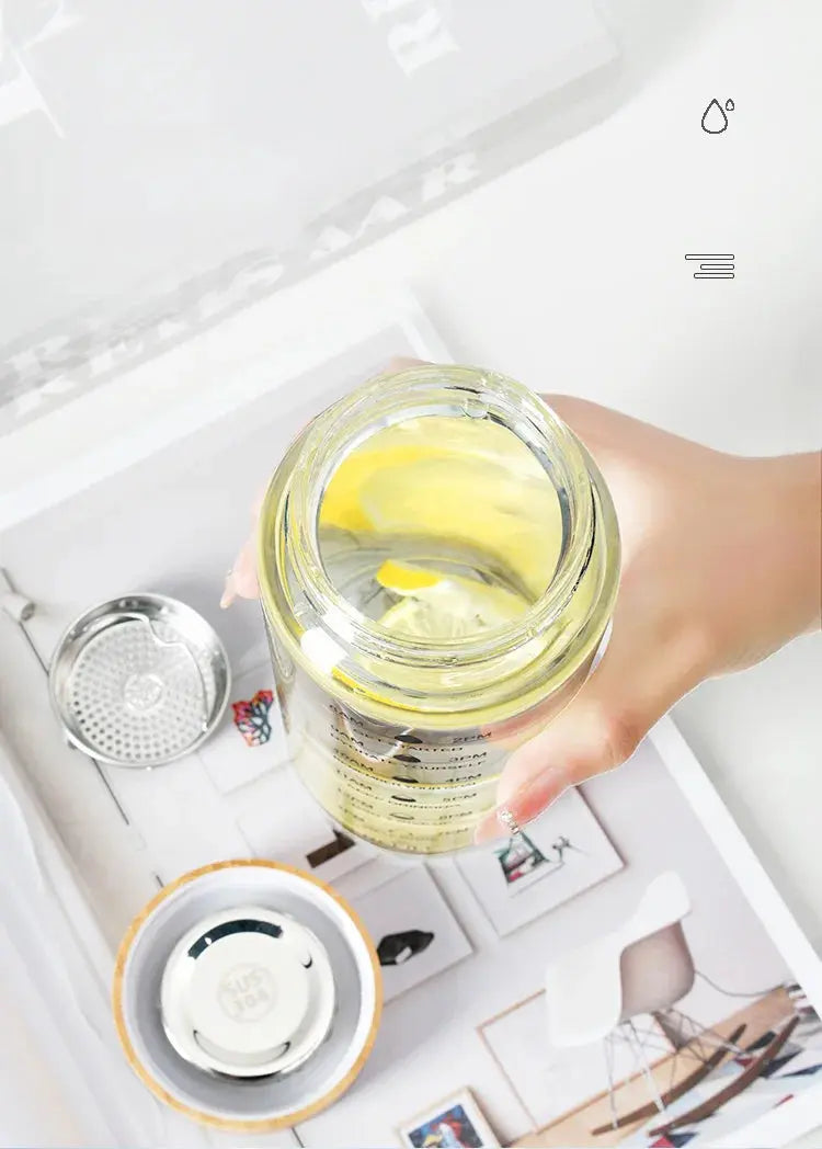 Bouteille d'eau en verre de 1L avec indicateur de temps