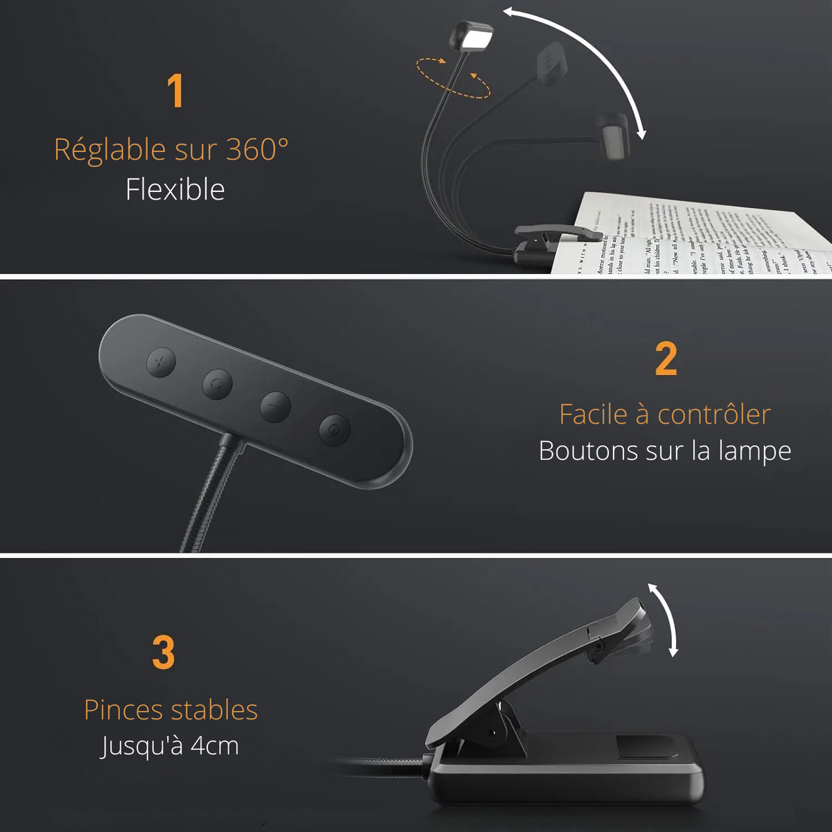 Lampe de Chevet de Lecture à Pince Rechargeable LED