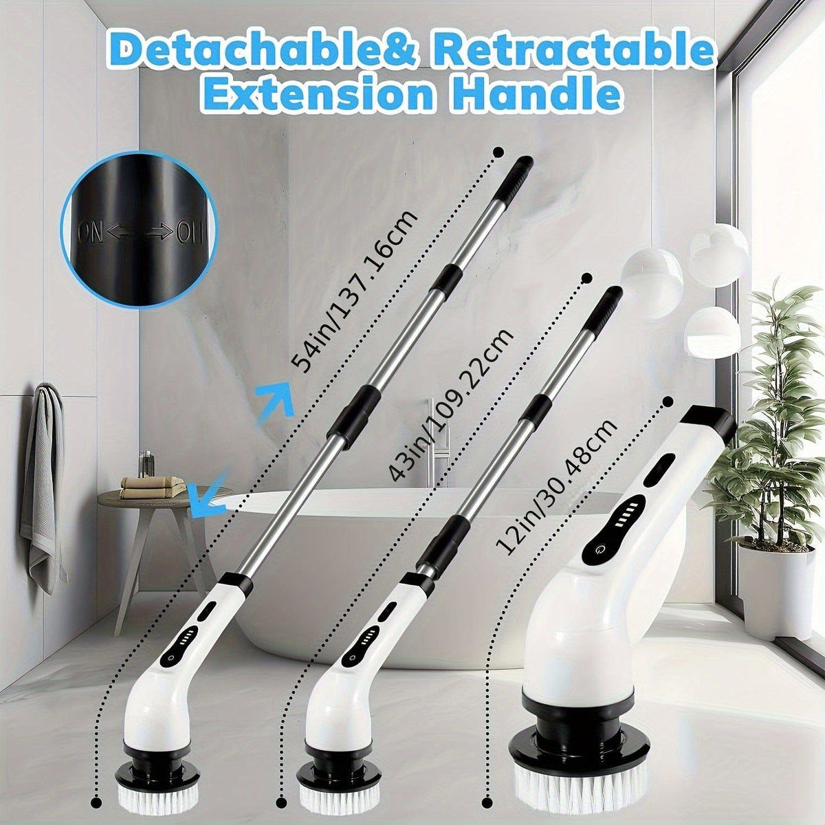 Brosse de Nettoyage Électrique sans Fil - 8 Têtes Remplaçables, Manche Extensible - Idéal pour Salle de Bain, Baignoire, Carrelage