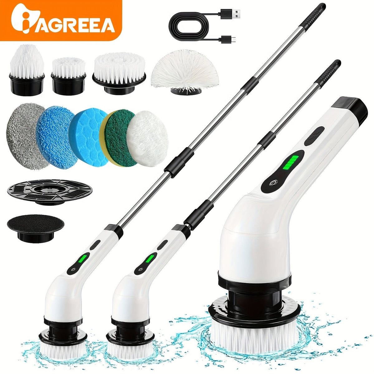 Brosse de Nettoyage Électrique sans Fil - 8 Têtes Remplaçables, Manche Extensible - Idéal pour Salle de Bain, Baignoire, Carrelage