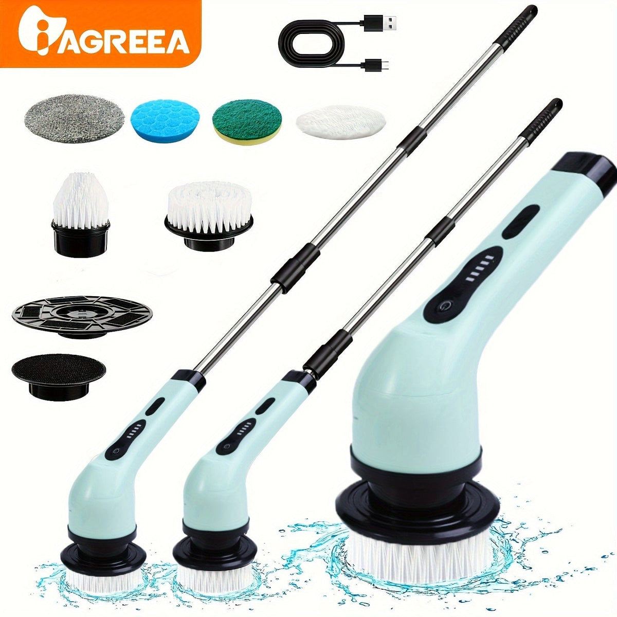 Brosse de Nettoyage Électrique sans Fil - 8 Têtes Remplaçables, Manche Extensible - Idéal pour Salle de Bain, Baignoire, Carrelage Green(6)