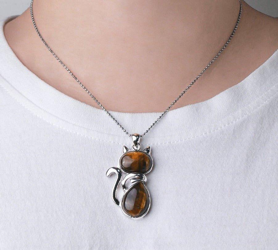 Collier pendentif silhouette de chat en pierre