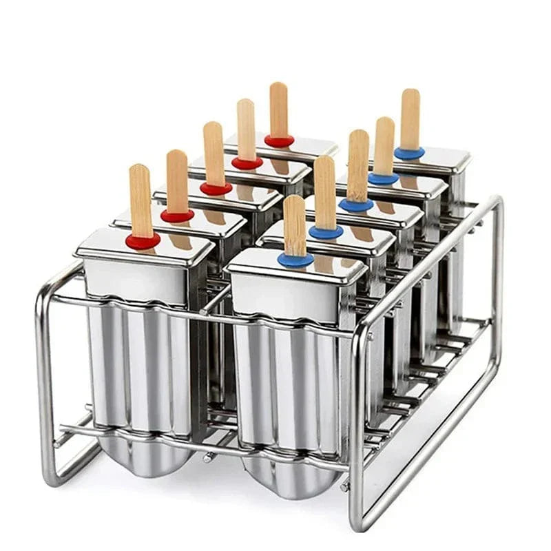 Moule à Glace en Inox pour Glaces à l'eau et Esquimaux - Fabrication de Délicieuses Friandises Estivales 10Pcs with Holder